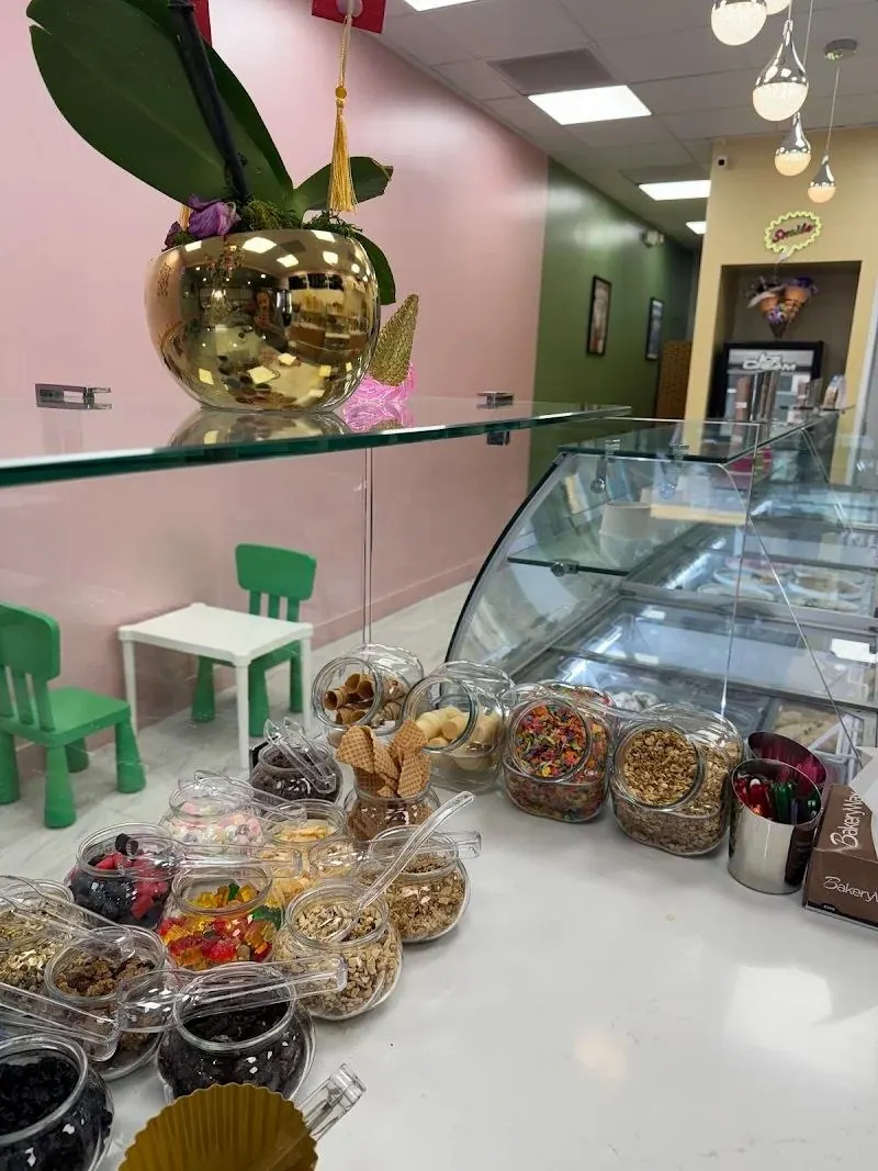 Gelato display case and toppings bar
