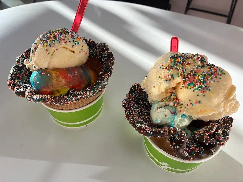 Two ice cream cups in dipped waffle bowls