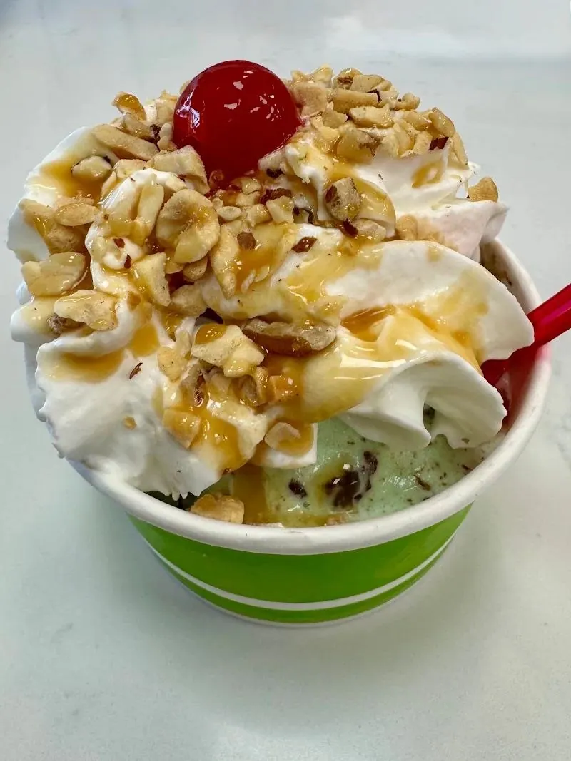 Sundae with whipped cream, nuts and a cherry
