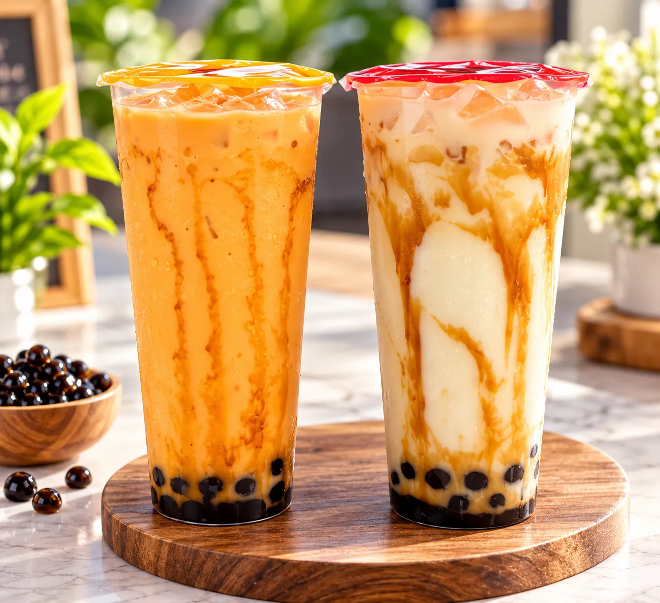 Two iced milk teas with boba