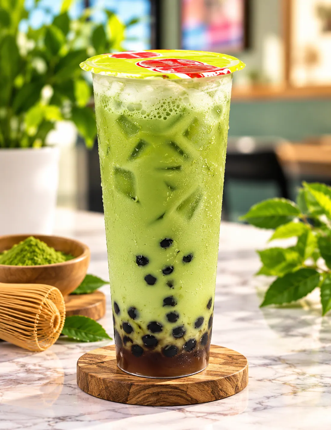 Iced matcha latte with boba