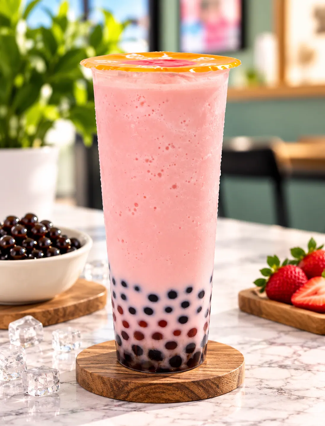 Strawberry blended milk tea with boba