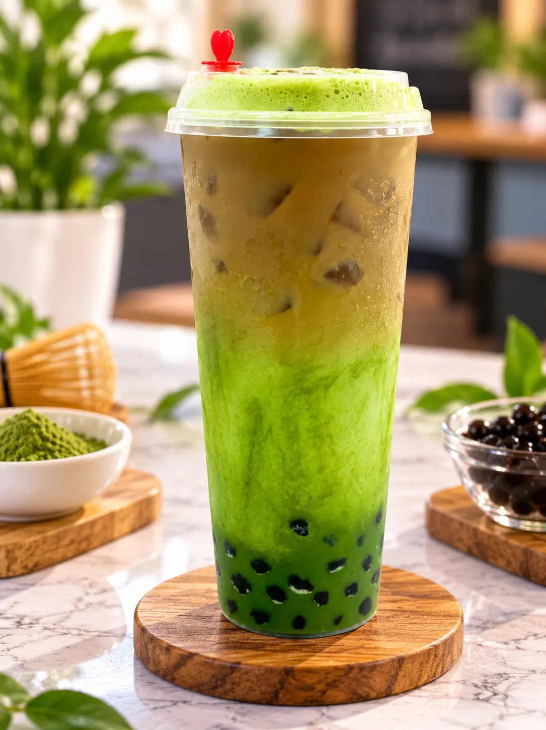 Layered matcha signature drink with boba
