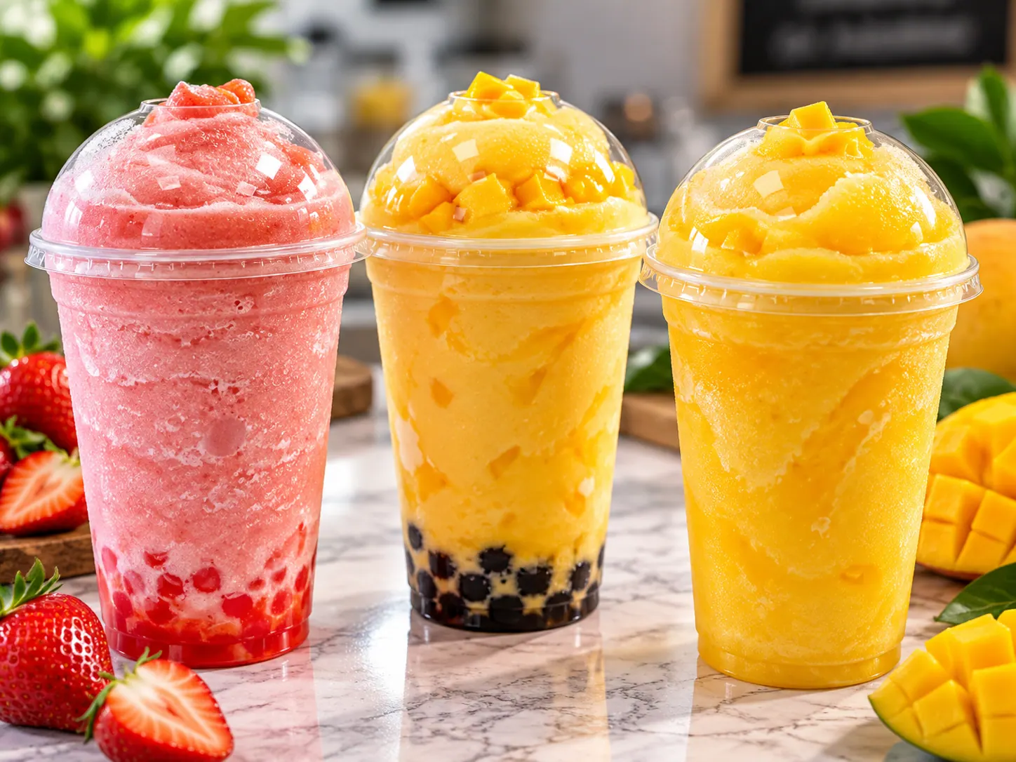Strawberry, peach and mango smoothies