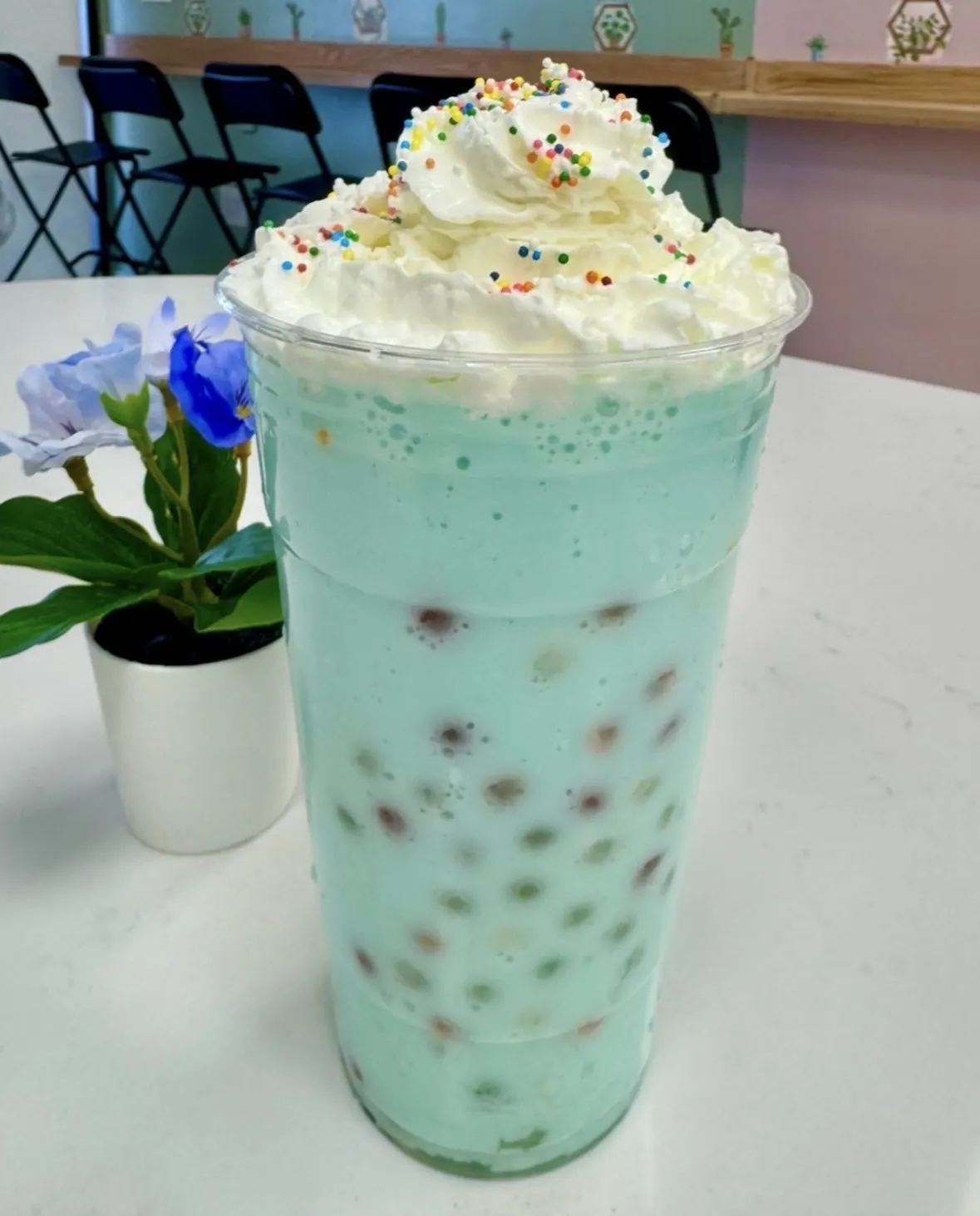 Cotton Candy Milk Tea with Whipped Cream and Sprinkles