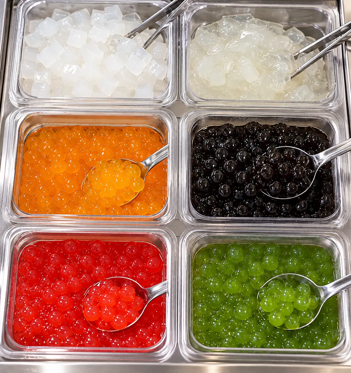 Boba, crystal boba, popping boba and jelly toppings