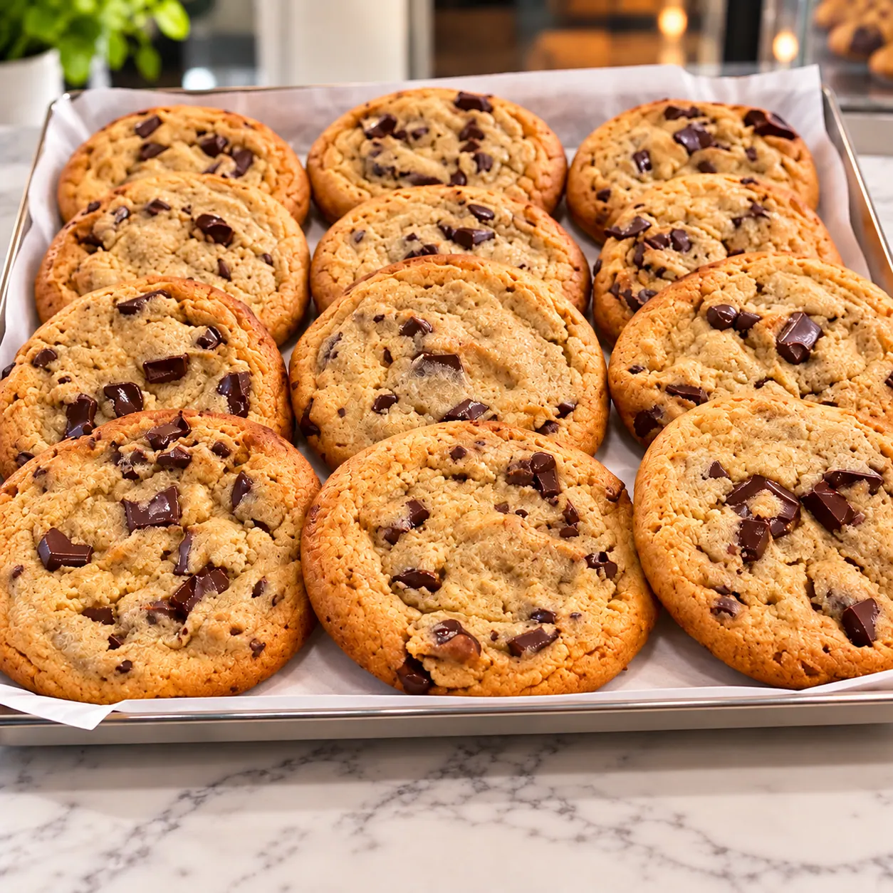 Freshly baked chocolate chip cookies
