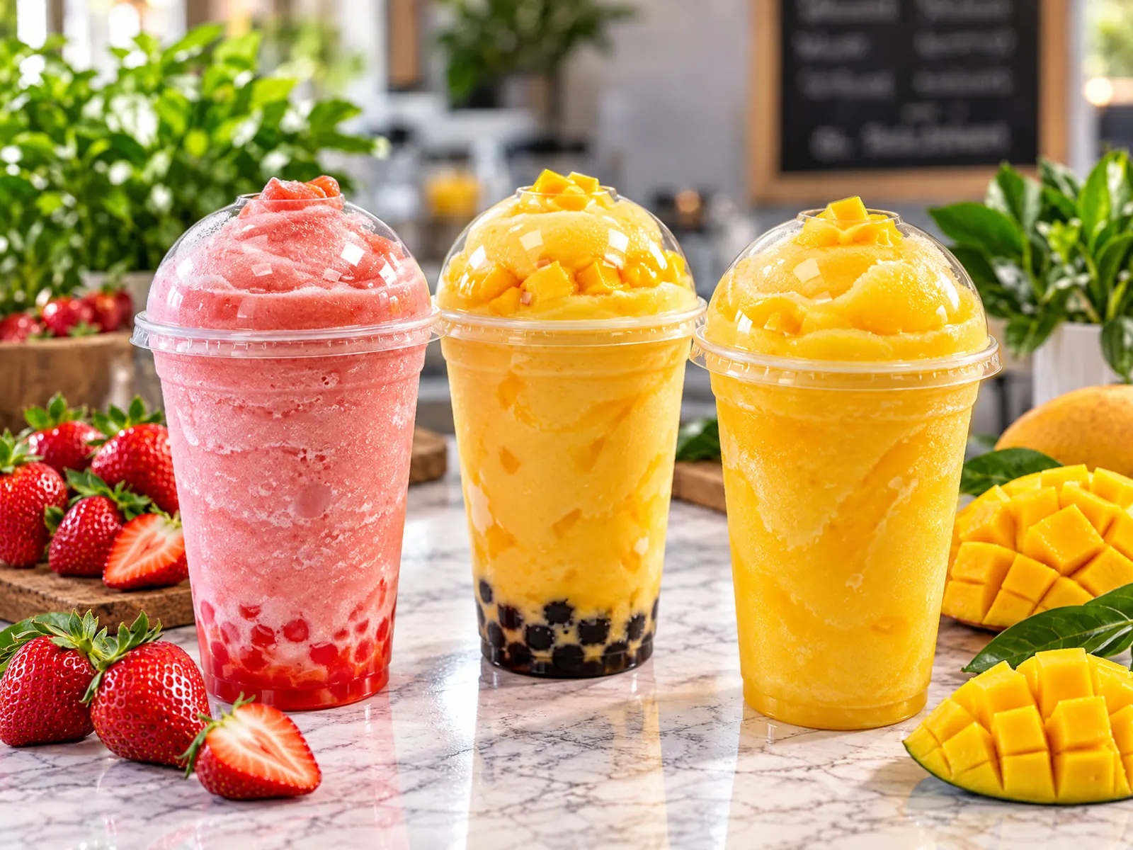 Strawberry, peach and mango fruit smoothies