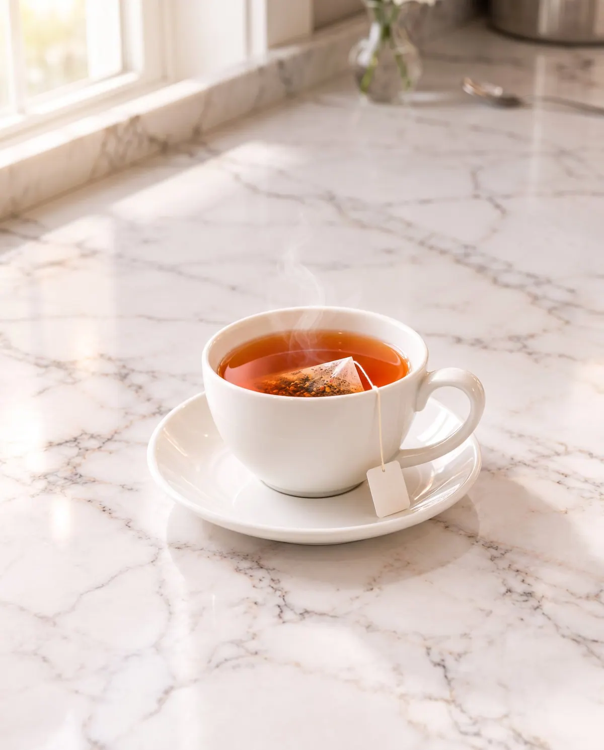 Hot tea with a tea bag in a white cup on a saucer