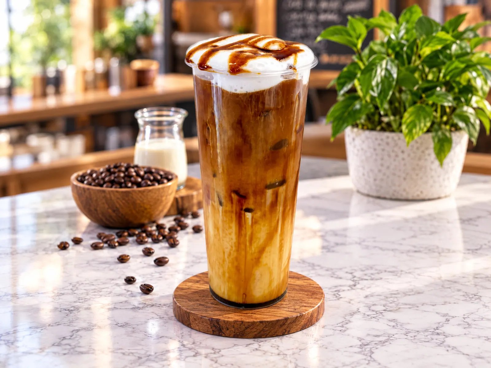 Iced caramel coffee topped with cream
