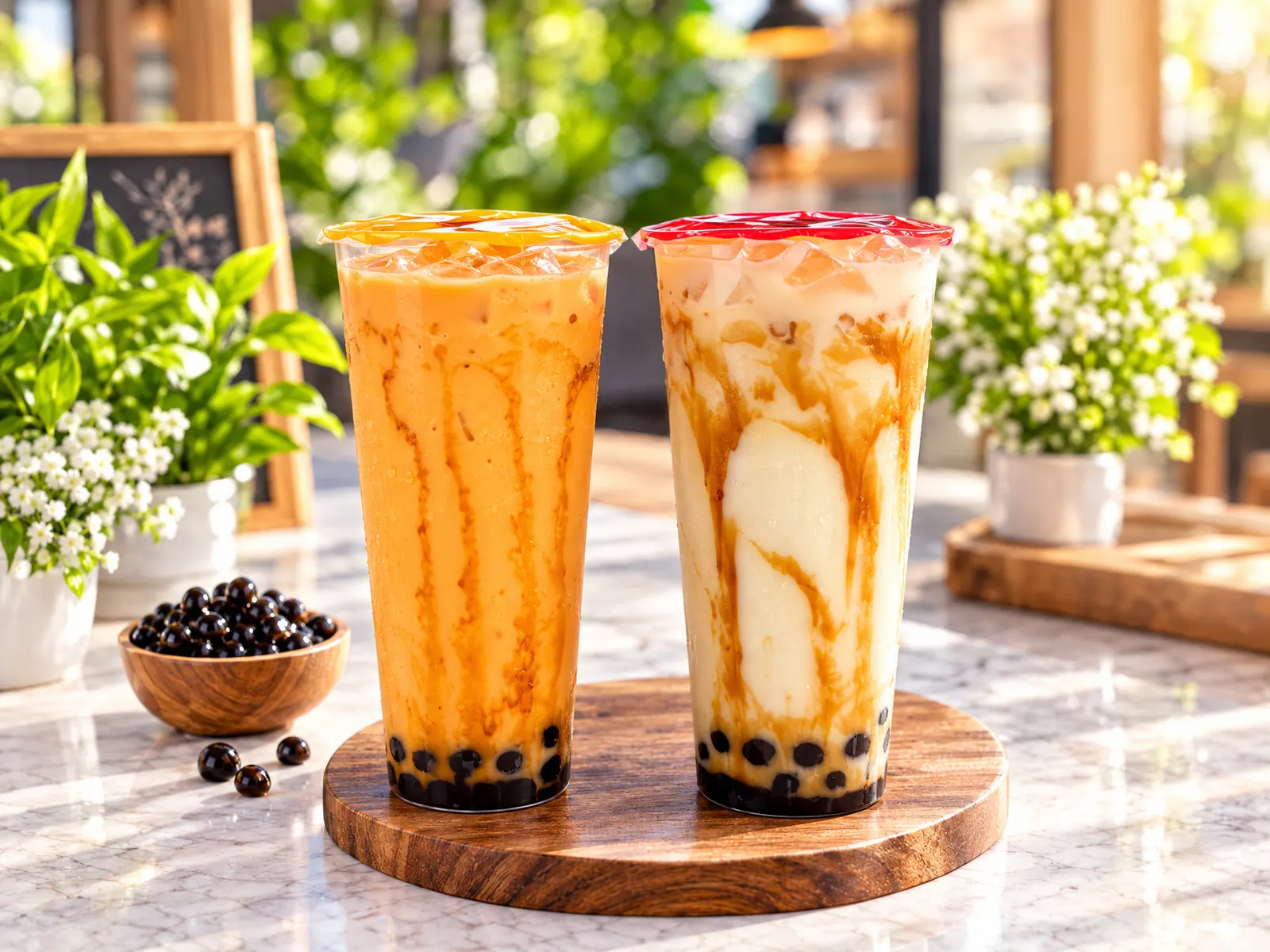 Two iced milk teas with boba on a wooden board