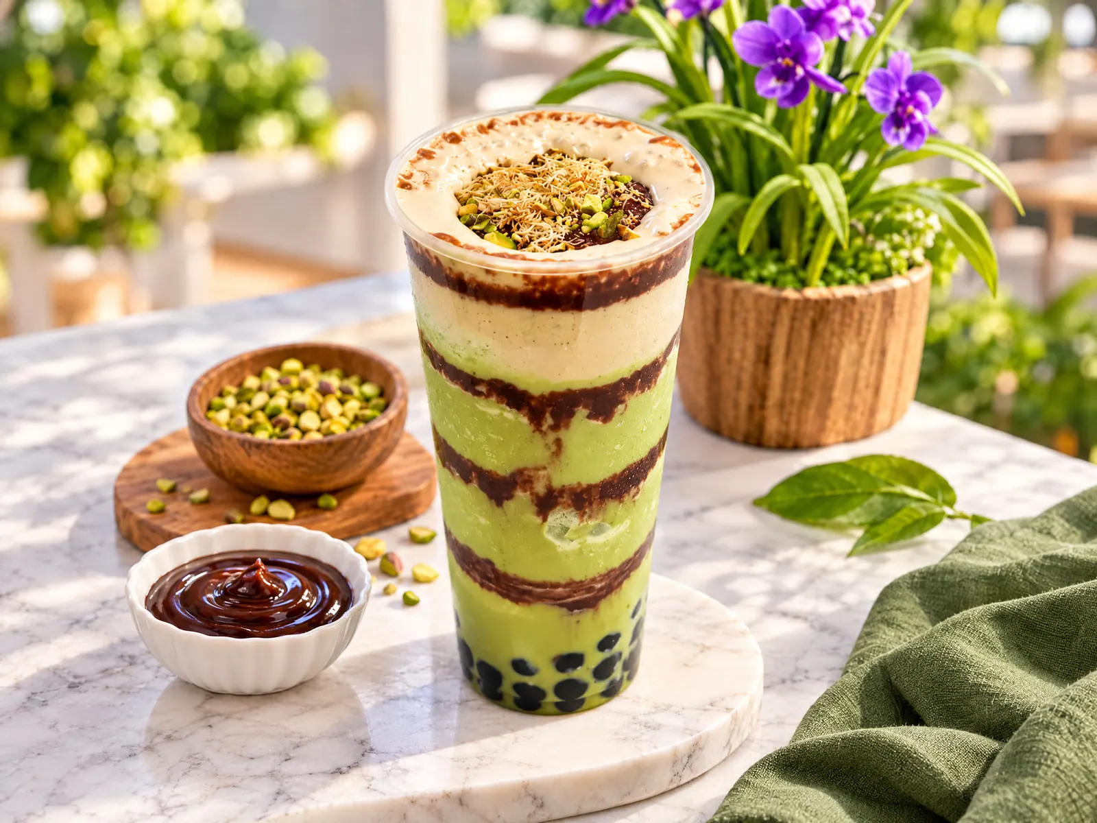 Layered pistachio and chocolate matcha signature drink