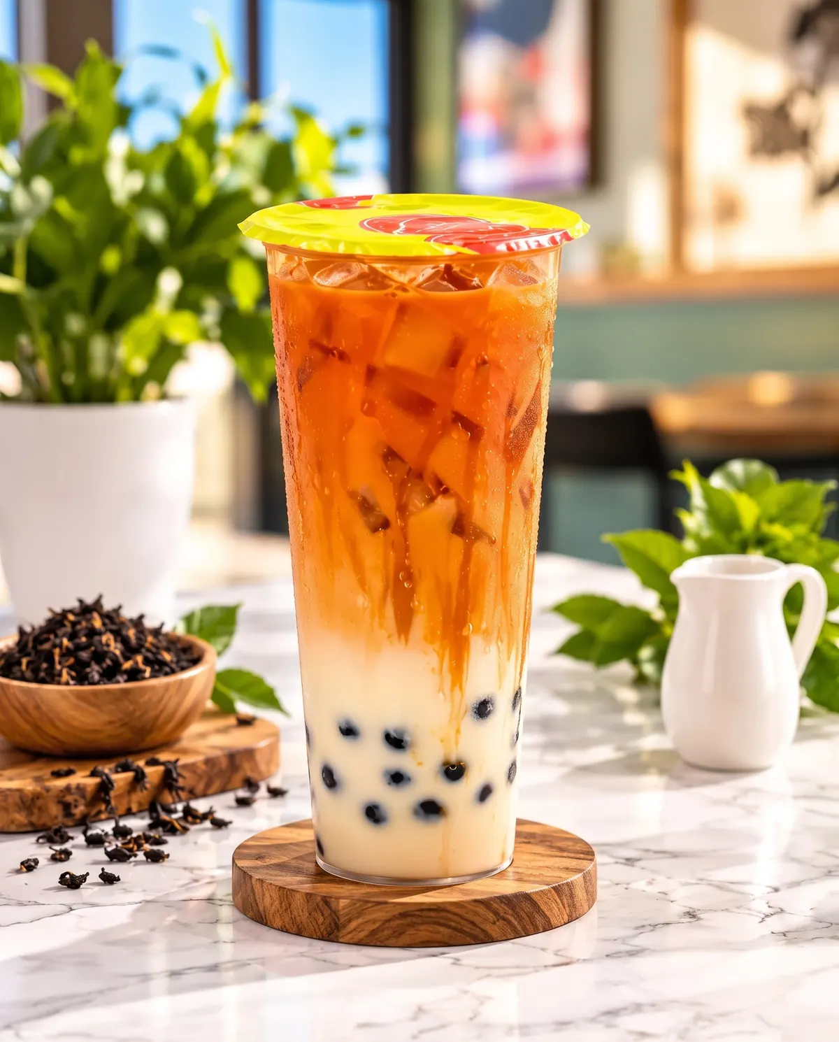 Iced Thai milk tea with boba on a wooden coaster